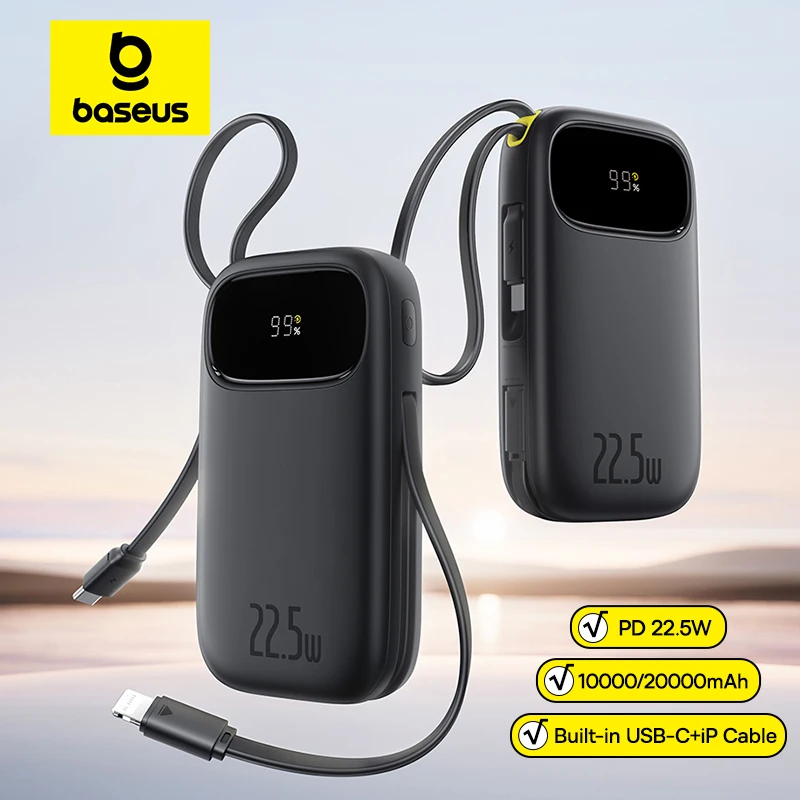 Baseus 10000/20000mAh 베이저스 22.5W 보조배터리 (내장형 수축식 USB-C/라이트닝 케이블) 갤럭시S25/아이폰16/15/POCO 호환