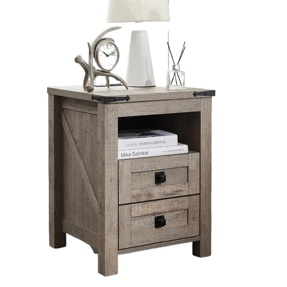 Charging Station, End Table, Side Table with 2 Drawers Storage Cabinet for Bedroom, Living Room, Farmhouse Design