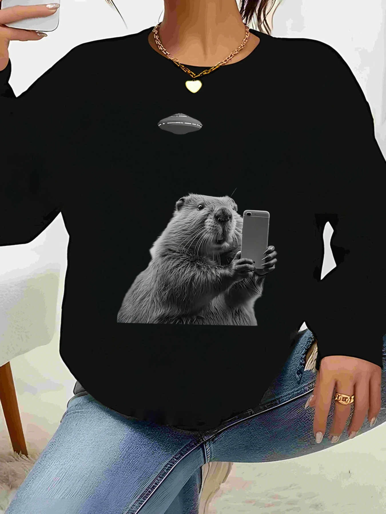 

Groundhog с принтом для селфи, свитер с длинными рукавами, повседневная одежда, женская модная весенне-осенняя одежда