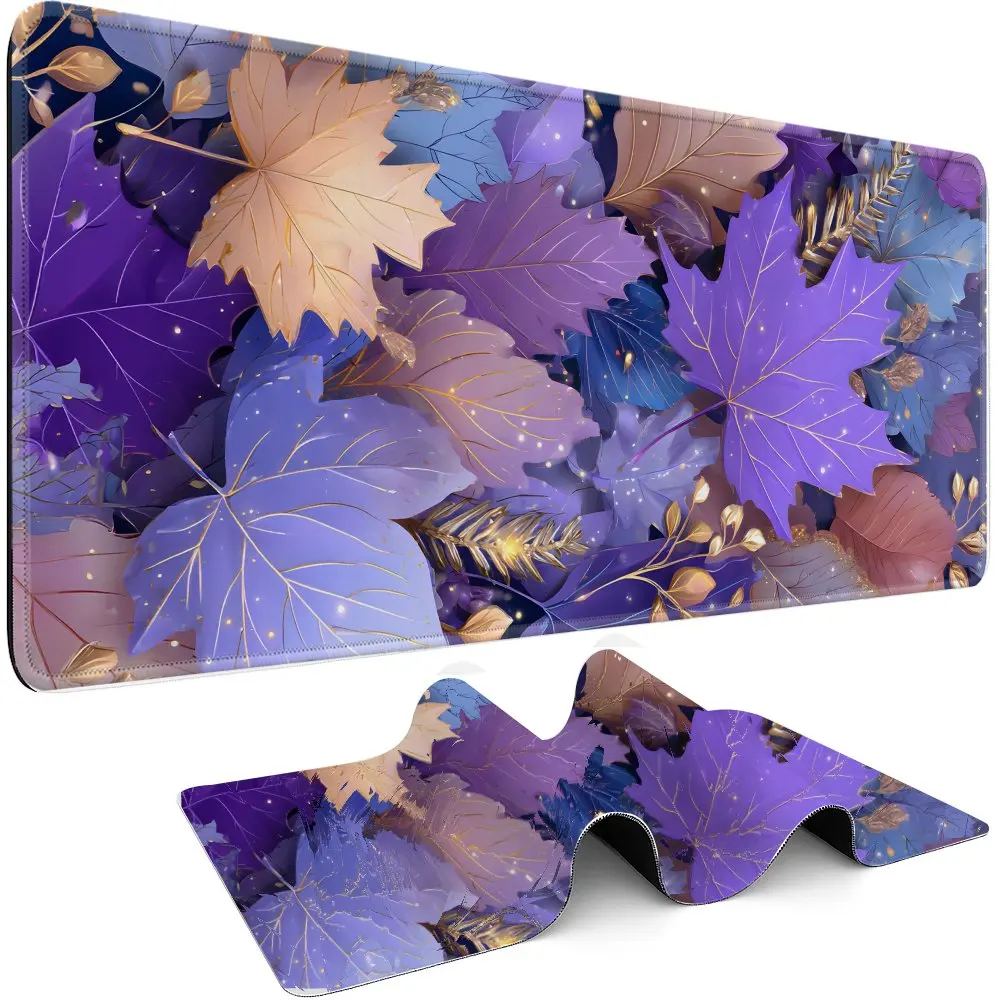 Purple Blue Gold Leaf Extended Gaming Mouse Pad Rubber Non-Slip Desk Mat for Office and Computer