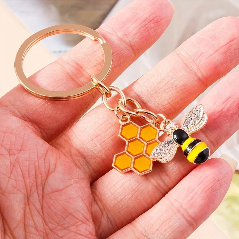 Fashion Rhinestone Bee Keychains with Hexagon Honeycomb Pendant Cute Insect Key Ring For Women Bag Ornament Car Trinkets