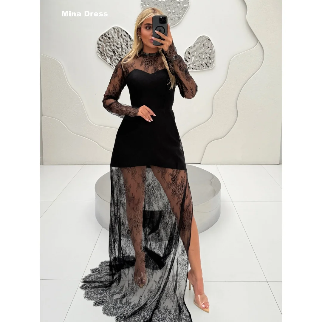 Mina Maßgeschneidertes Schwarzes Spitzenkleid mit Rundhalsausschnitt und Langen Ärmeln, Schlitz-Abendkleid 2026, Luxuriöses Elegantes Damenkleid für Besondere Anlässe