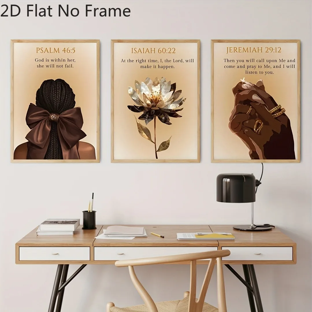 （No Frame 3PCS）-2D Flat, 2D Flat, 3pcs 2D Flat Modern Christian Bible Verse Wall Art - Scripture Printed Canvas Paintings, Vi