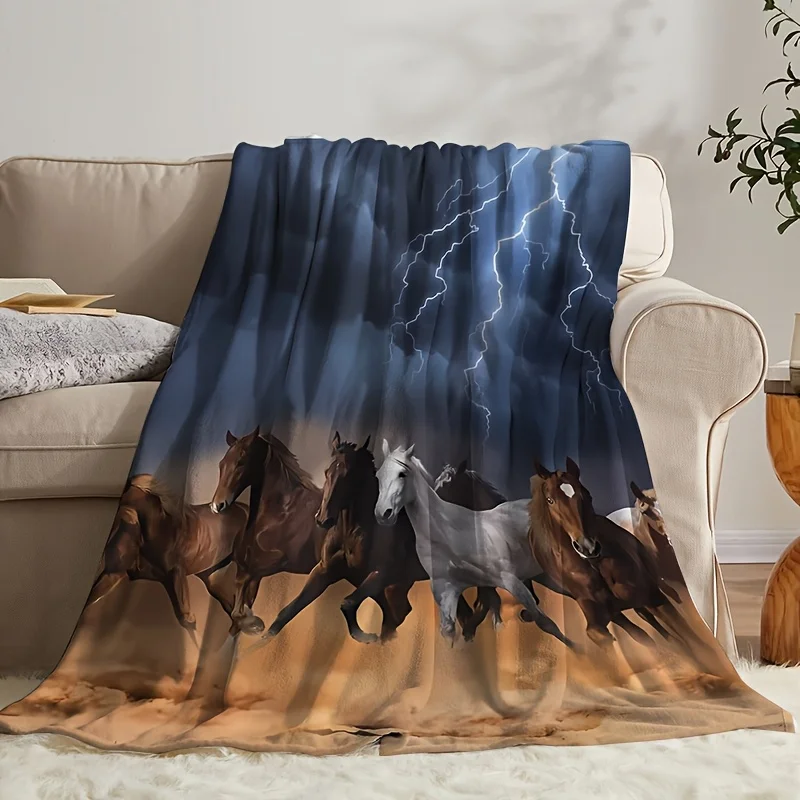 Lightning Storm Wild Horses Pattern Flannel Blanket Lightweight Warm Plush Throw Blanket Galloping Steeds Desert Dust Art Decor
