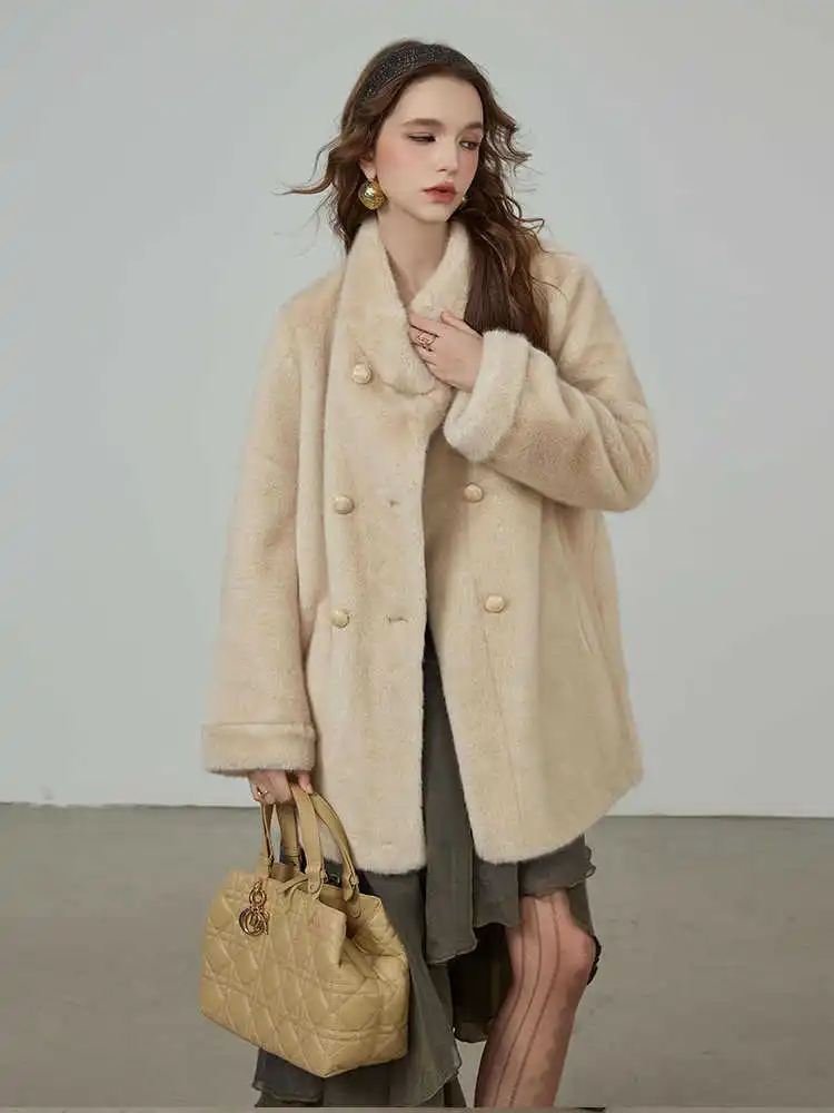 

Commute Notch-front Felt Fur-like Eco-friendly Leather Jacket - Trendy Long Style, Versatile and Stylish Fuzzy Coat for Women in