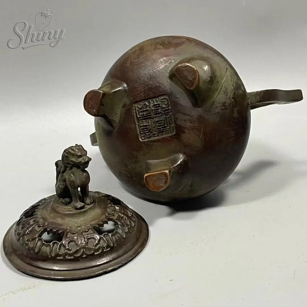 Antique Copper Incense Burner Chinese Hand Carved Kirin Statue Double Ear Burner Collection Crafts
