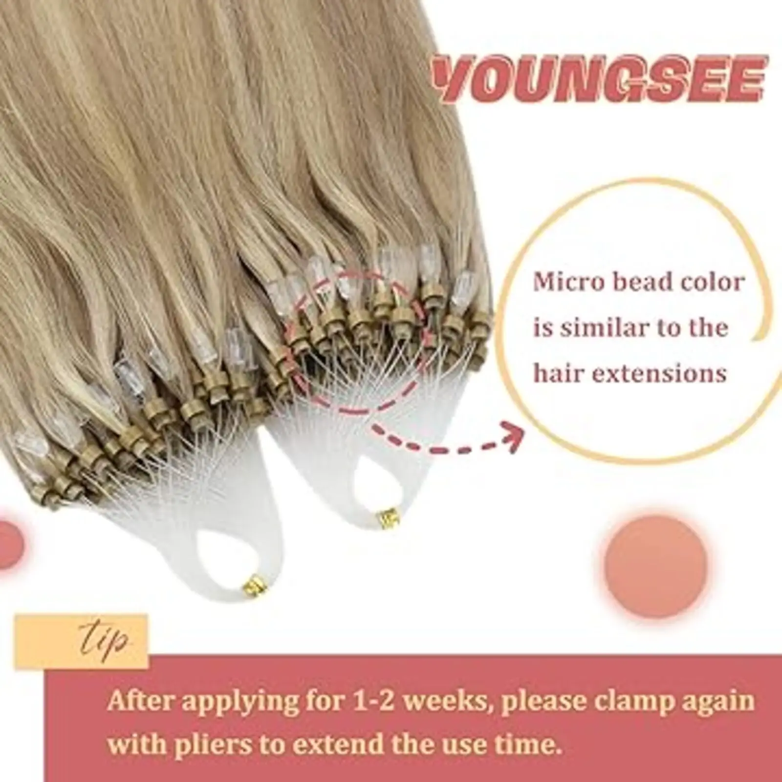 [สีแฟชั่น] YoungSee Micro Ring Loop Hair Extensions Seamless Micro Bead Remy Hair Extension สําหรับผู้หญิง 50G