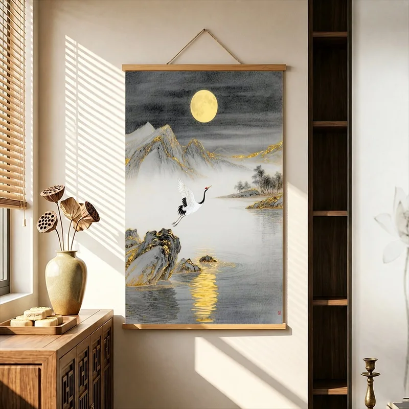 Wall Decorations Red Crown Cranes in Morning Light, Oriental Elegance Pearlescent Canvas Hanging Scroll Decor for Boutique Hotel