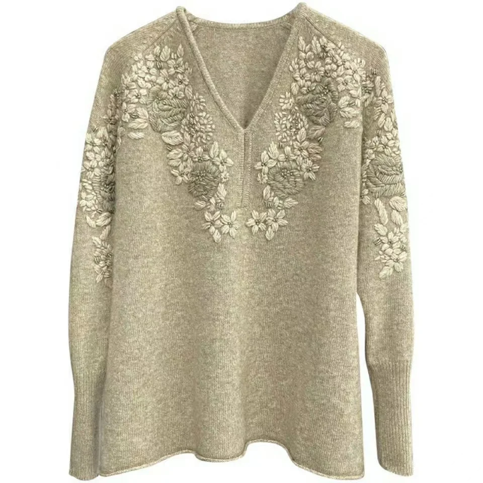 Autumn Winter Women Embroidery Flower Knitted V Neck Sweater European Fashion Loose Cashmere Oversize Warm Pullovers F661