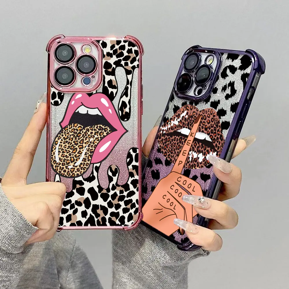 Hot Red Lip Leopard Print Phone Case For Xiaomi Redmi Note 14C 13C 13 12C 12 11 10 9s K40 K50 Pro 4G 5G Shockproof Glitter Cover