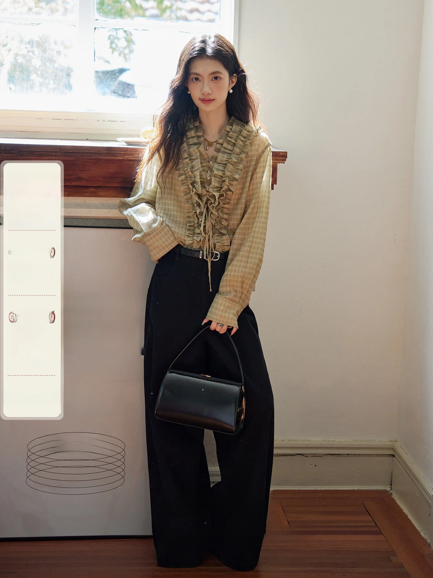 

Retro Plaid irt Women's V-ne Belted Design Unique Top ORWhite Wood ain Autumn Faion Straight Tube Long Sve