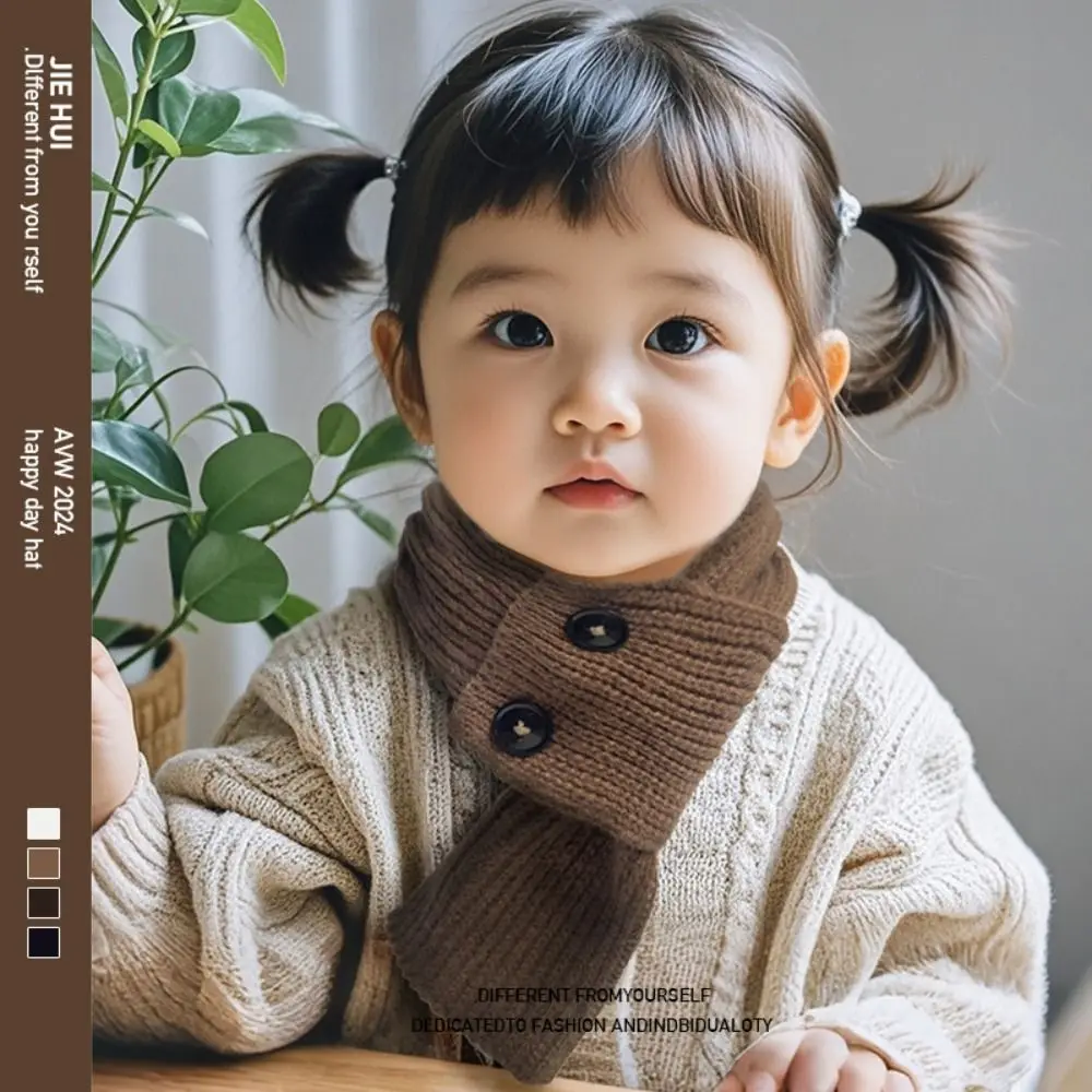 Warm Windproof Baby Cross Scarf Solid Color Cross Collar Children Muffler Knit Button Design Knit Neck Cover Outdoor Use