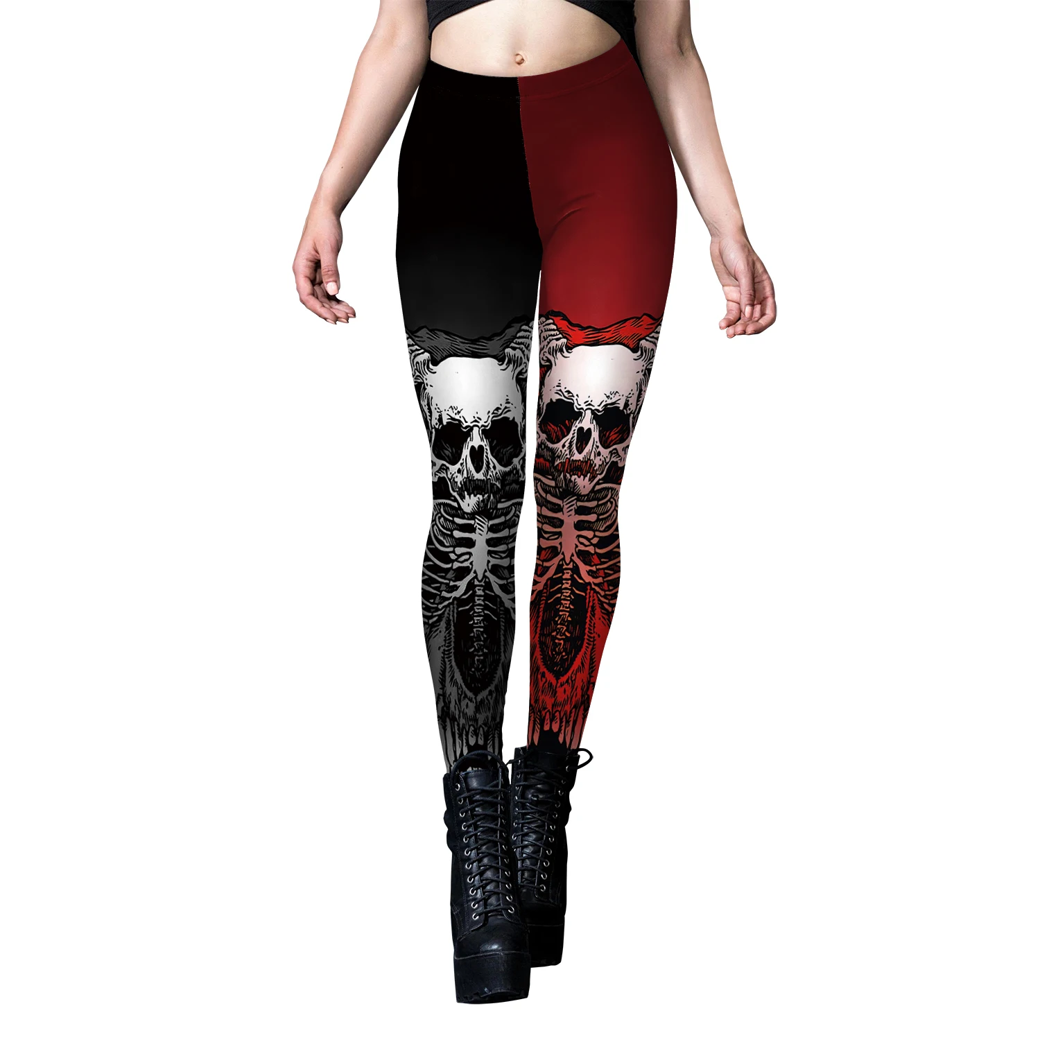 [Du bist mein Geheimnis] Halloween-Skelett-Druck-Leggings, Punk-Damen-Leggings, Gothic-Fitness-Knöchelhose, sexy Stretch-Leggings in Schwarz – Detail 4