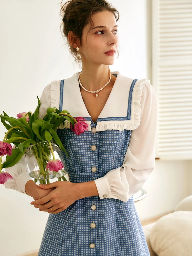 

OLrain Sweet Spliced Plaid Mini Dresses Women 2025 Autumn New A-line Sailor Neck DressLong Sleeve Button Wrap Dress O22CL60381