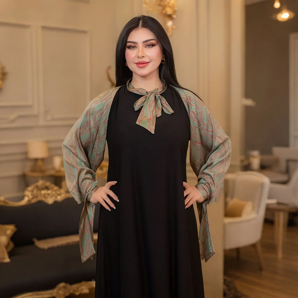 

Muslim Women Bow Tie Neck Long Dress Dubai Abaya Turkey Kaftan Elegant Caftan Marocain Femme Robe Islam Jalabiya Vestidos Abayas