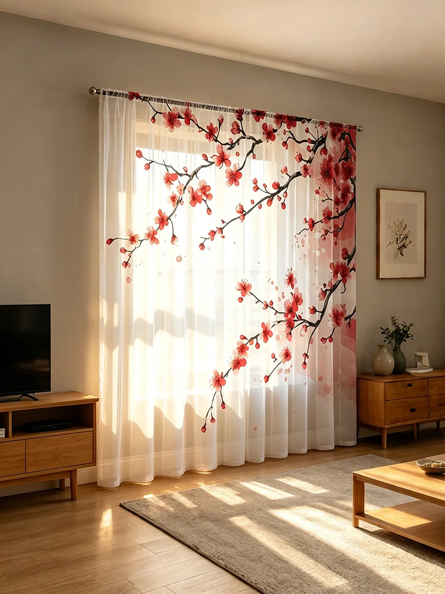 2 rideaux transparents à impression numérique, motif branche de fleur de prunier rouge, style chinois, rideaux de fenêtre transparents A&B