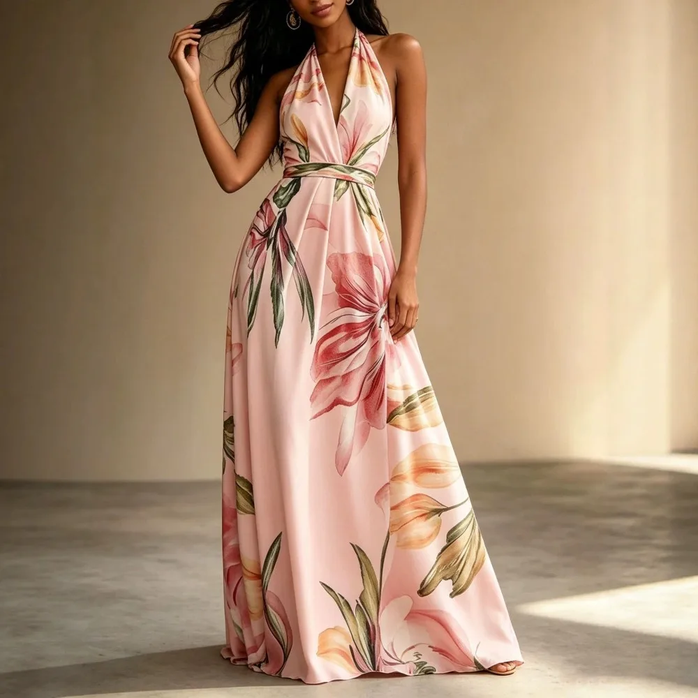 Women's Sexy Halter Backless Maxi Dress Sleeveless Fitted Waist Design Print Elegant Party Long Dress Summer Casual Outfit