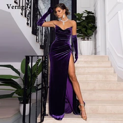 Verngo Purple Velvet Prom Dresses V Neck Slit Sexy Party Dress Floor Length Evening Gowns Formal Dress With Gloves customized