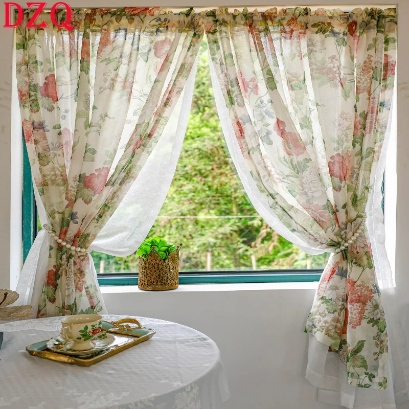 Idyllic Rural Flowers Window Tulle Door Curtains Elegant Floral Double Layer Lace Curtains for Living Room Bedroom #A148