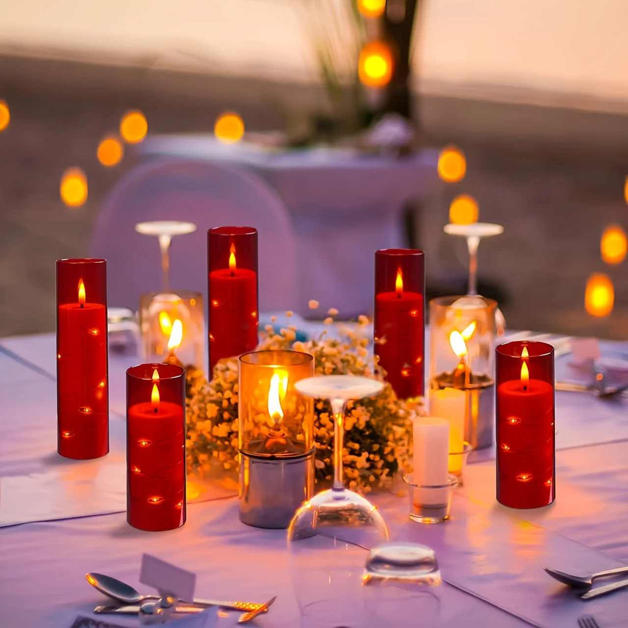 Flameless Battery Operated Candles 5pcs Acrylic Flicker LED Flame Cylinder Remote Control Star String Lights Built in Home Decor