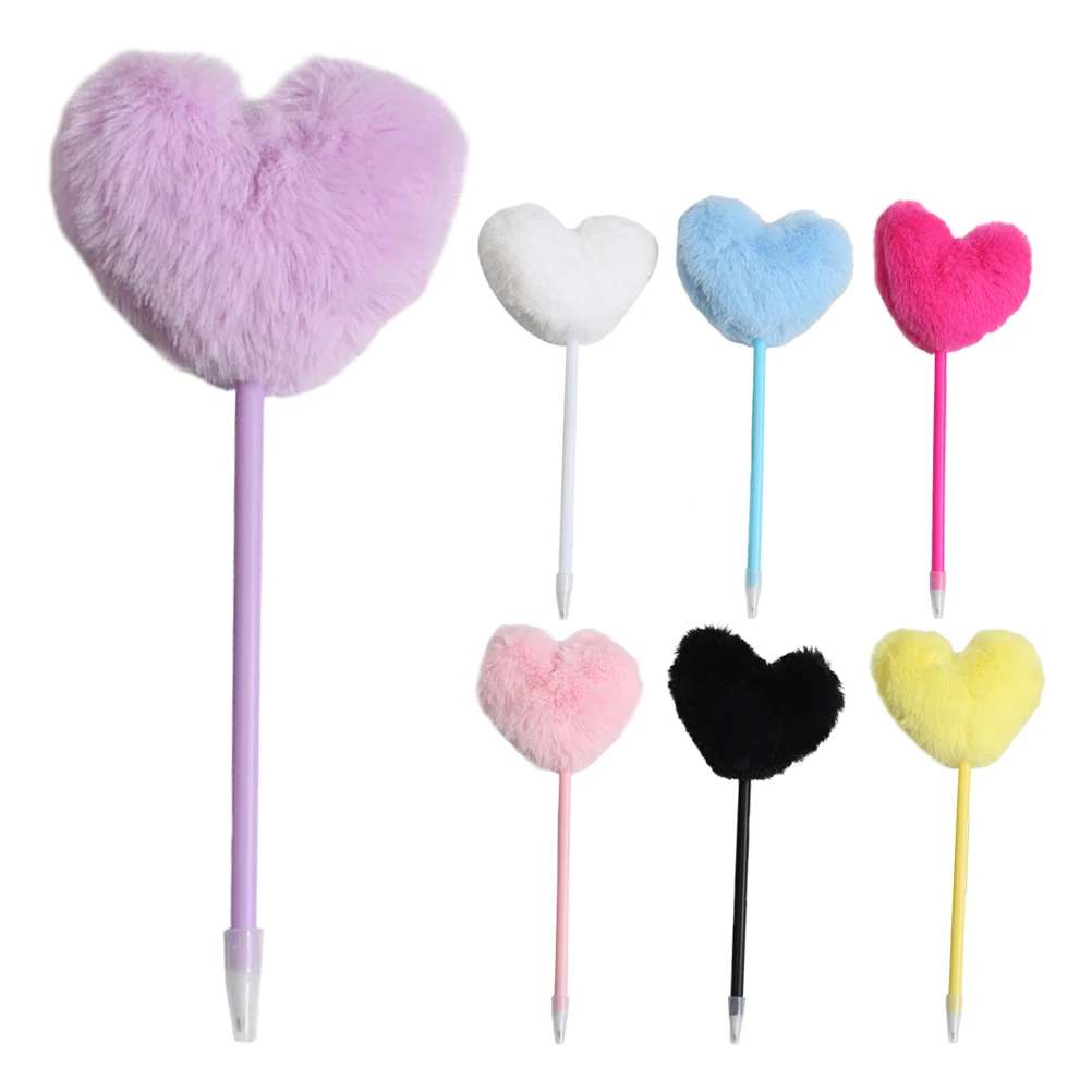 Stylo d'écriture à bille moelleuse, 7 pièces, boule décorative floue en forme de cœur, stylo Pom Pom, mélange de couleurs