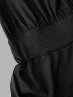 Women's Black Jumpsuit, Deep V Cross Neck, Tie Waist Straight Leg Pants, Elegant Daily Streetwear - Image 7
