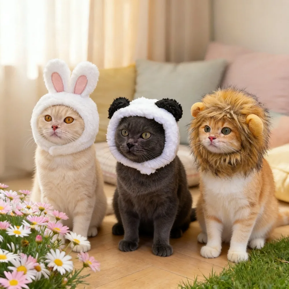 3pcs Soft Plush Easter Bunny Bear Lion Cat Hat White Floppy Rabbit Ears with Pink Accents for Cats Small Animals