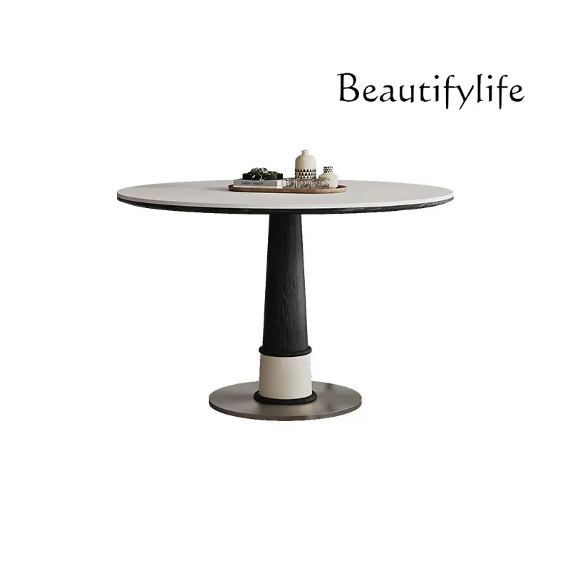 Solid wood rock slab round table French retro style round  household small apartment dining table living room table