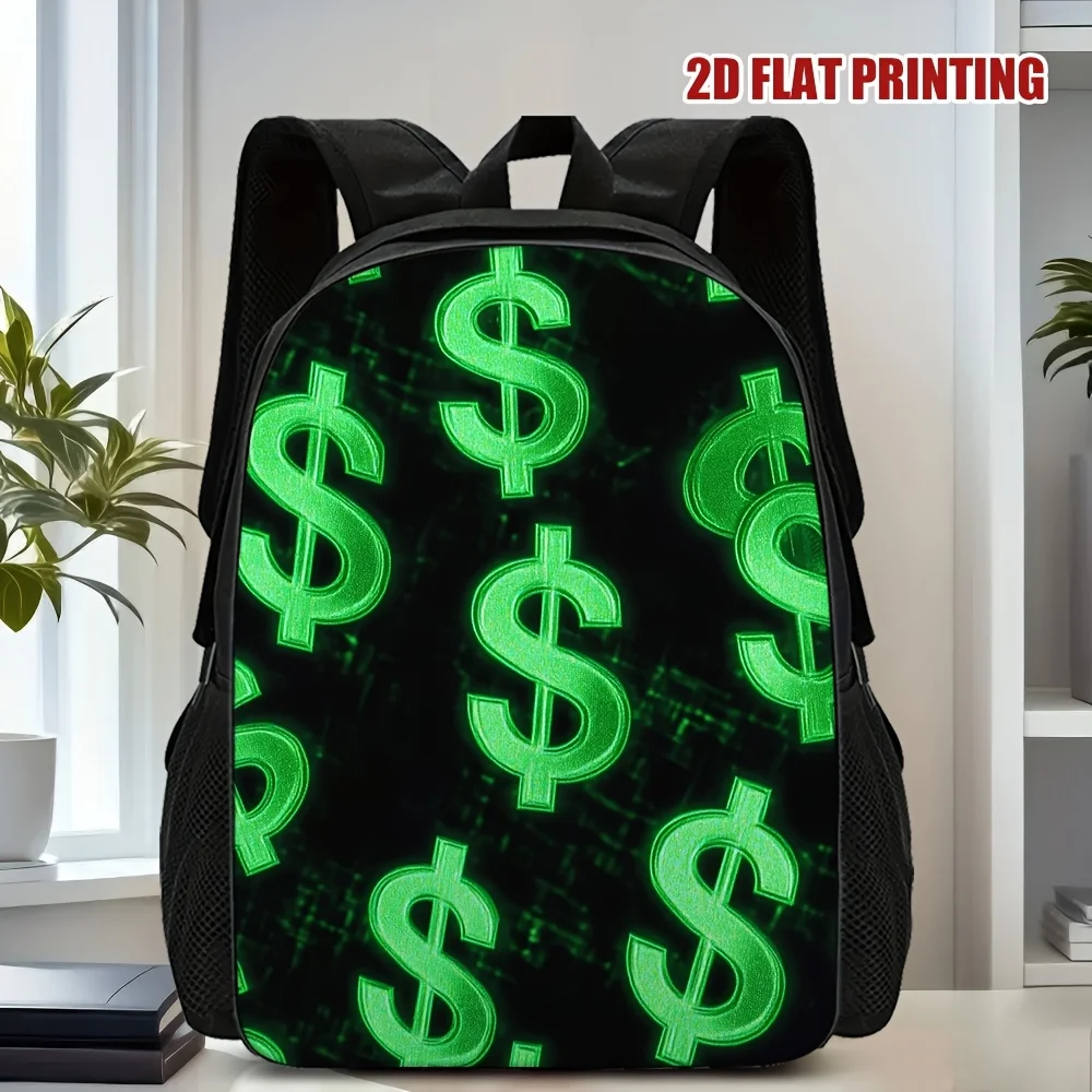 

1 Fashion Dollar Sign 2D Flat Printed Backpack - Large Capacity Lightweight Adjustable Shoulder Strap Side Pocket Durable