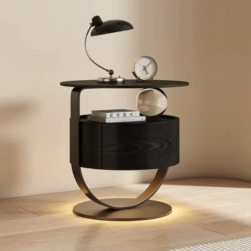 Modern Round Bedside Table Solid Wood Smart Locker with Light Bedroom Nightstands and Side Tables Chest of Drawers Furniture