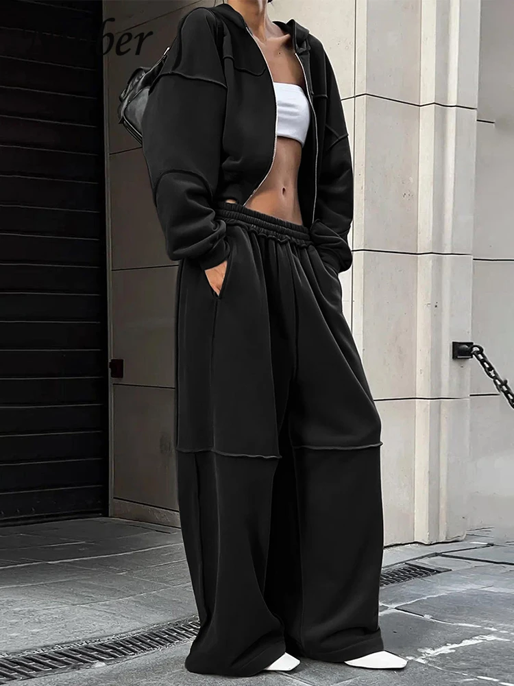 

Nibber Sporty Women 2 Piece Set Casual Tracksuit Panelled Stripes Simple Hipster Hooded Zip Jacket+Wide Pants Matching Suits