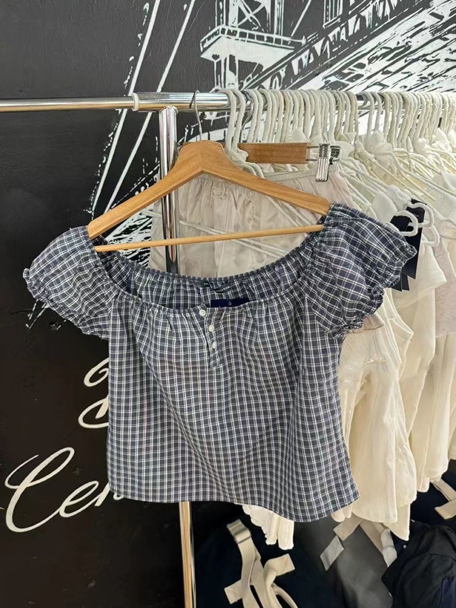 Azul xadrez plissado rendas algodão manga curta camisetas femininas casual streetwear botão topos feminino vintage doce bonito y2k camisetas