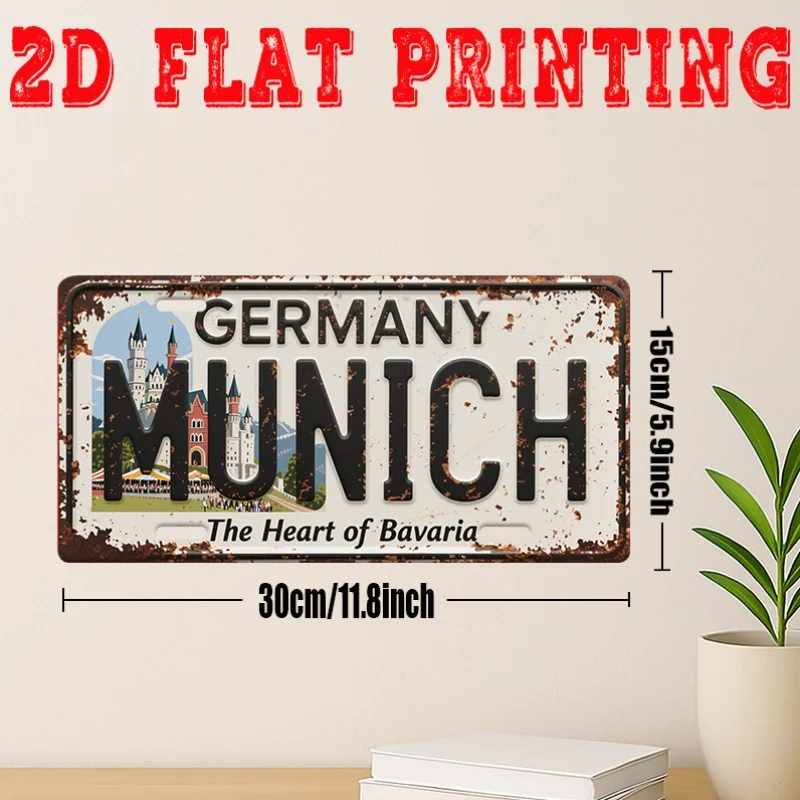 Impression plate 2D, 1pc, Panneau en métal vintage (29.97 * 14.99 cm), Panneau cœur Bavière Munich, Décor rétro, Décoration de g