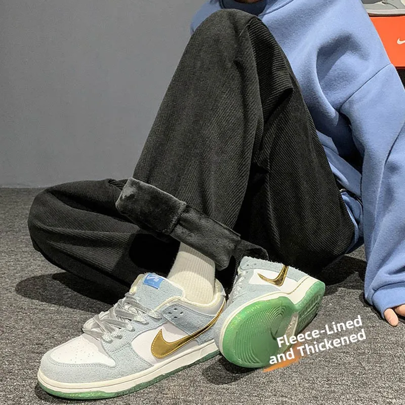 

Men's Fce Lined Corduroy Pants Winter Thi Straight Leg Loose Wide Leg Long Pants American Sle Heavyweight Sweatpants