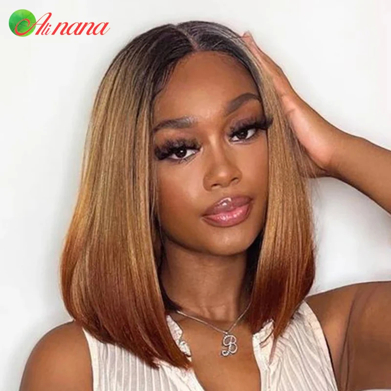 Perruque Bob Lace Wig Naturelle Lisse, Cheveux Courts, Blond Miel, Brun Ombré, 13x4, avec Baby Hair, pour Femme Africaine