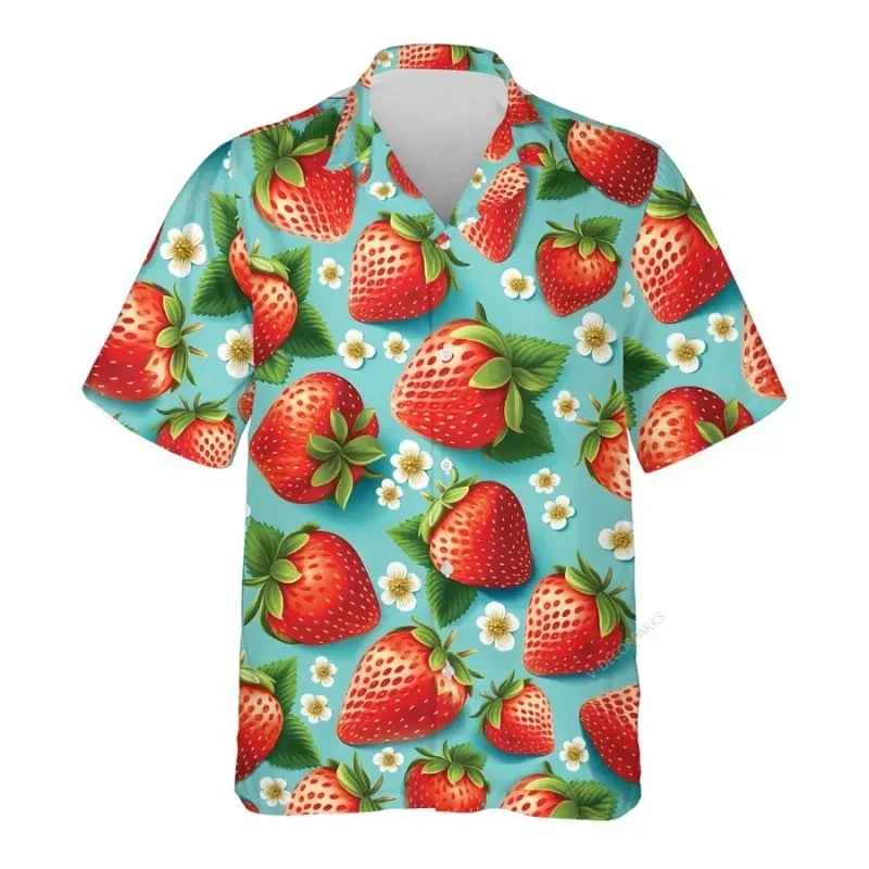 Camisa hawaiana con estampado 3d para hombre, Blusa de manga corta con botones, estampado de frutas tropicales, fresa, sandía, Aloha, playa, Verano