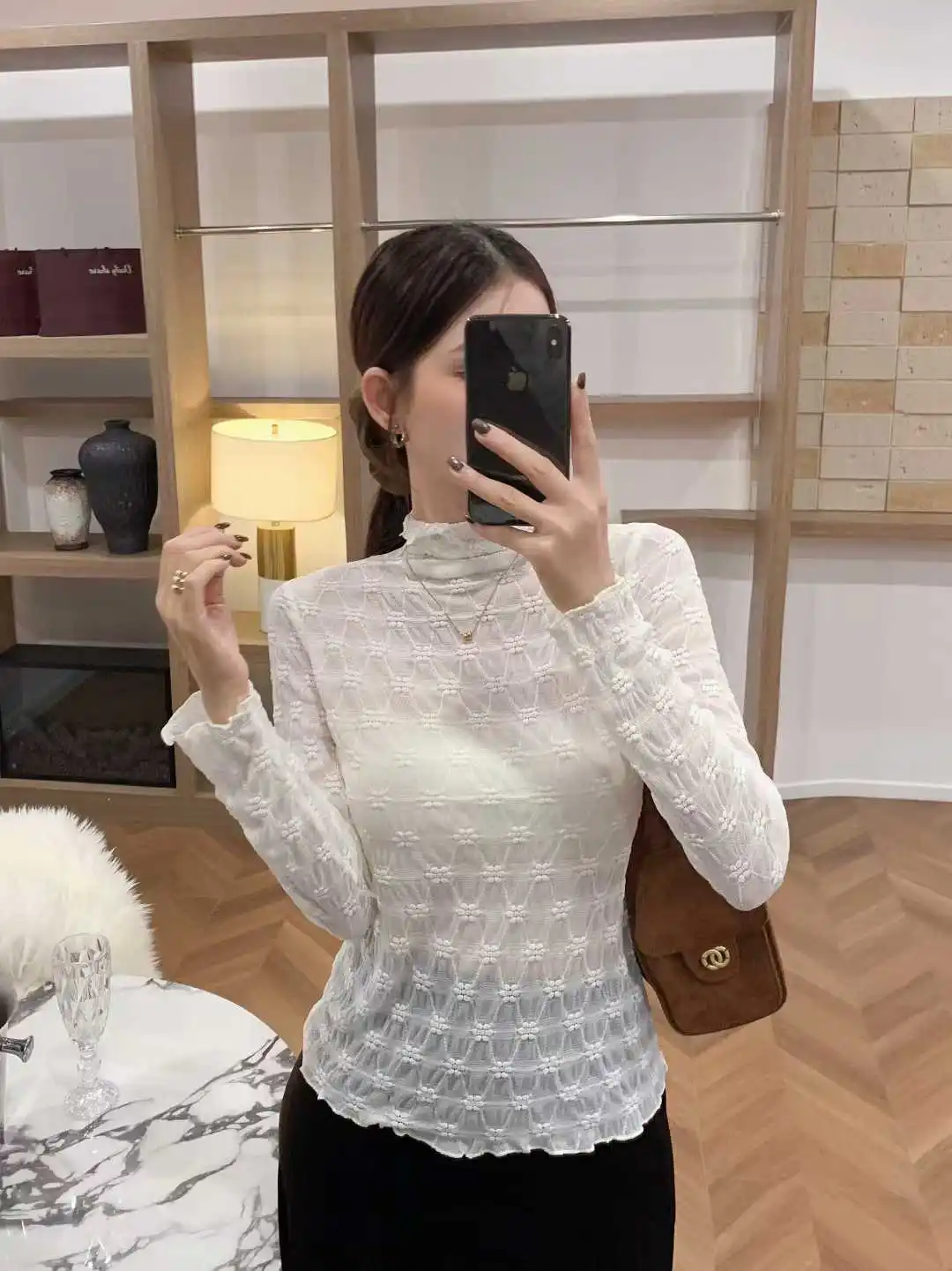 

Женская кружевная блузка с длинным рукавом и высоким воротником в романтическом стиле, облегающая, для ношения под одеждой, модная, стандартной длины, для девушек