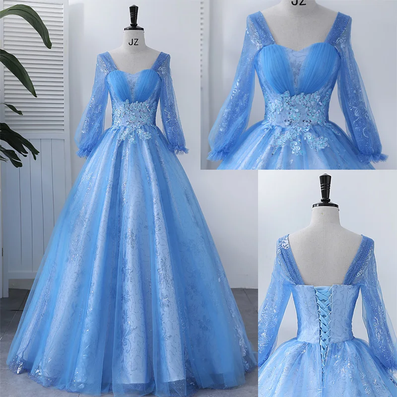 Quinceanera Dresses Vestidos 클래식 라이트 블루 스팽글 아플리케 볼 가운 우아한 긴 소매 파티 드레스 Robe De Bal