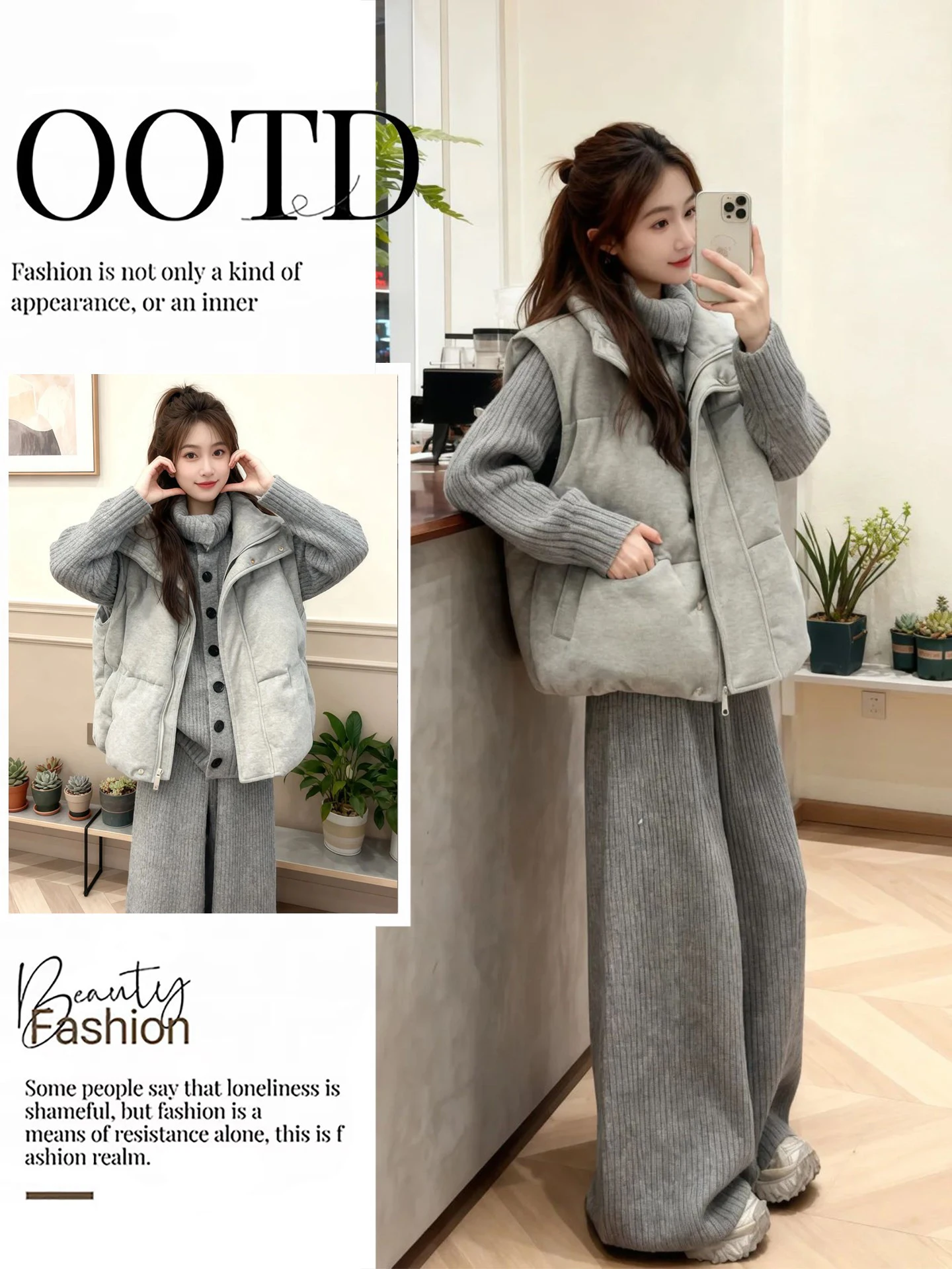 

Chic Korean Sle Casual Knitted Cardigan High Waist Wide Leg Pants Cotton Vest Tee Piece Set Women's Faion Warm Thi Wi...