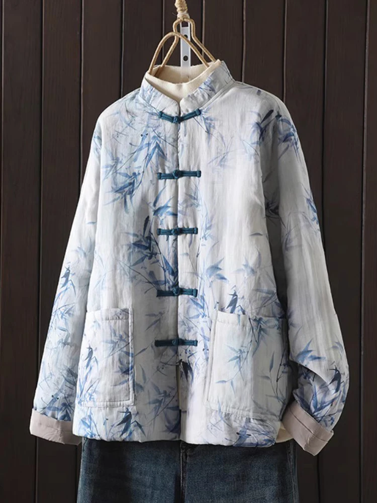 

Chinese Style Women Cotton Linen Short Parkas 2025 New Autumn Winter Literary Bamboo Print Buttons Female Quilted Outerwear Coat