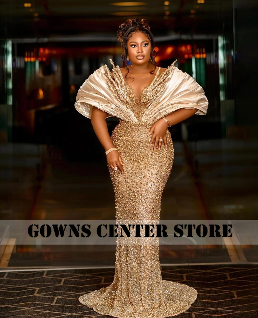 Fancy Aso Ebi Champagne Evening Dresses Pearls Beaded Mermaid Plus Size Luxury Dress Woman 2025 robes de soirée Customized