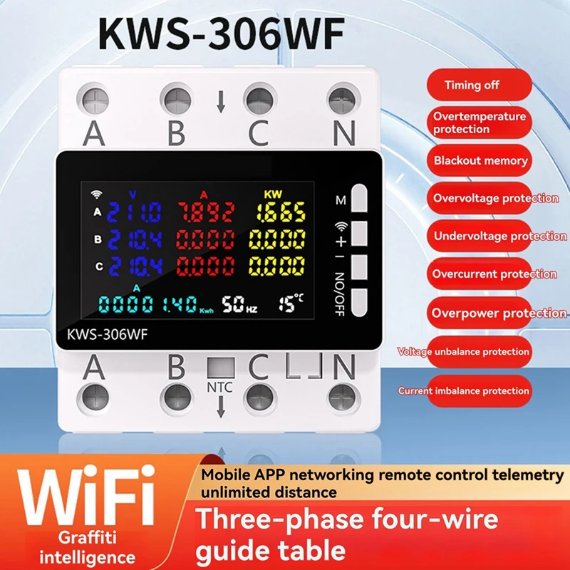 KWS-306WF WiFi Smart Power Meter Voltage Protector Switch Current & Voltage Monitor, Relay, Circuit Breaker-DT30