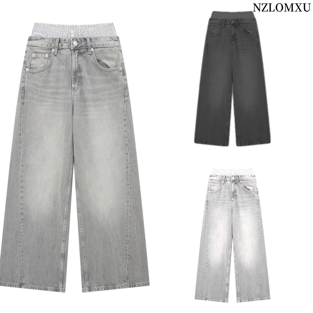 2024 Women\'s Fashion Grey Patchwork Jeans Female Casual Baggy Wide Leg Denim Pants Woman Jeans Streetwear Basic Trousers