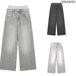 2024 Women's Fashion Grey Patchwork Jeans Female Casual Baggy Wide Leg Denim Pants Woman Jeans Streetwear Basic Trousers