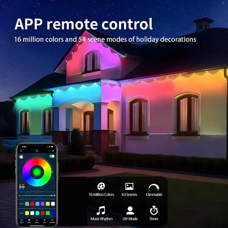 Smart Eaves Light Permanent Outdoor IP67 Waterproof LED Lights Remote APP DlY Music Sync Timer String Lighting for House Holiday