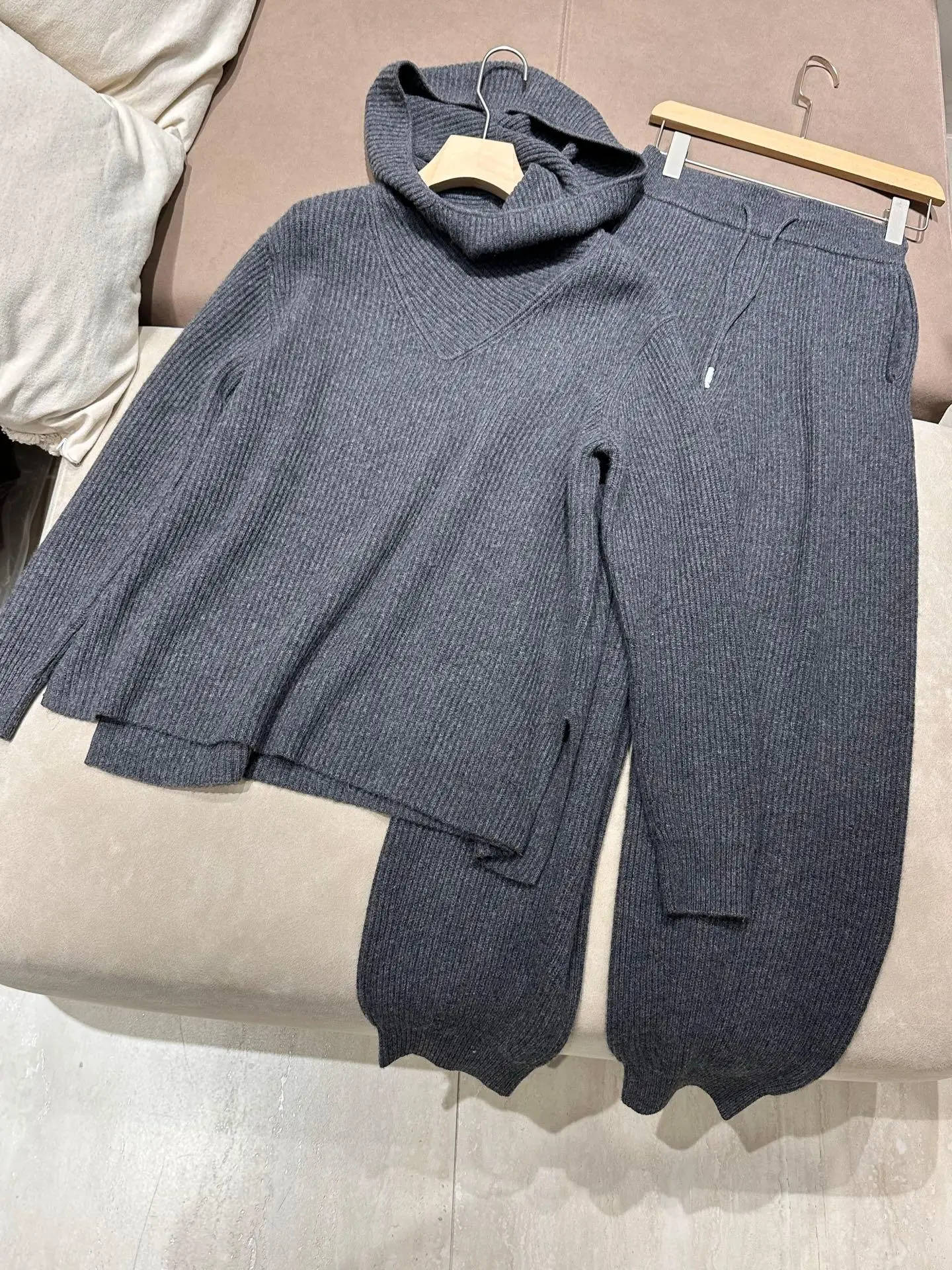 Wool And Cashmere Knitted Two-Piece Set, Women's Hooded Sweatshirt & Leg Binding Pants, Autumn Winter Casual Home Wear
