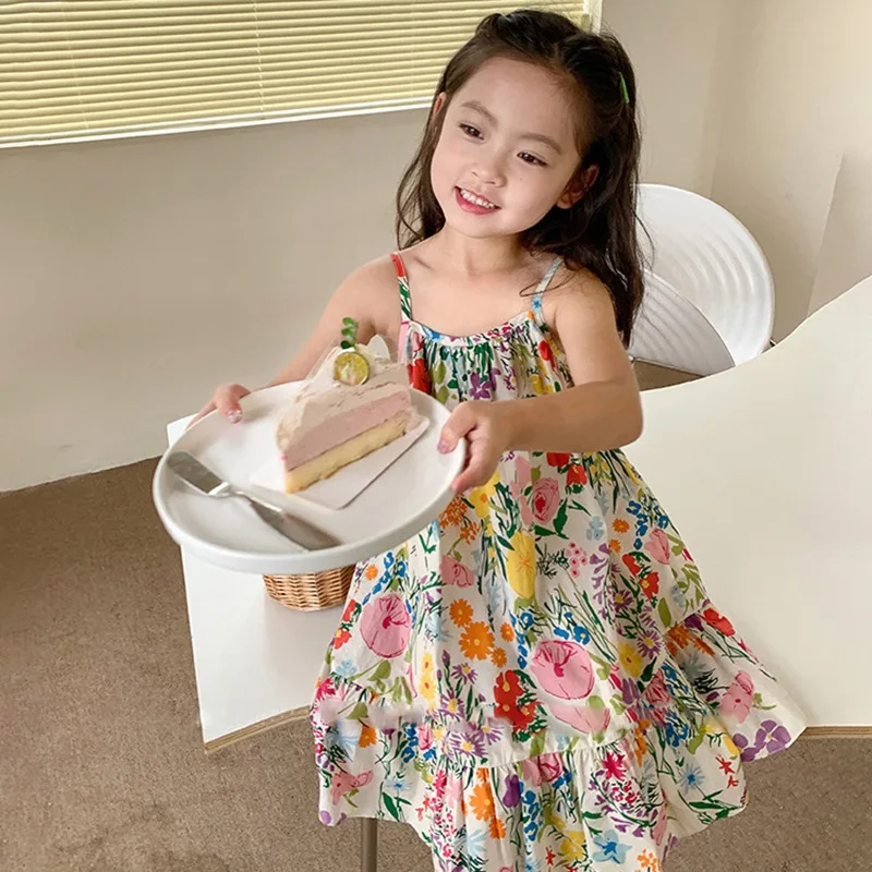 Girls Dress Summer Children\'s Clothing Slip Dress Flowers Printing Toddler Girls Sleeveless Princess Dress Party Clothes