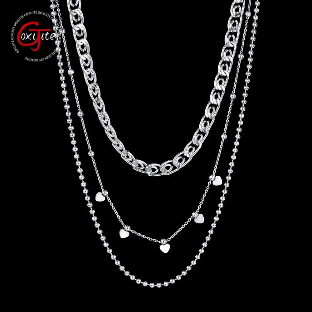 Goxijite Fashion Stainless Steel Three Layers Of Multiple Heart Necklaces Trendy Women Cuban Chain Necklace Accessories Gift