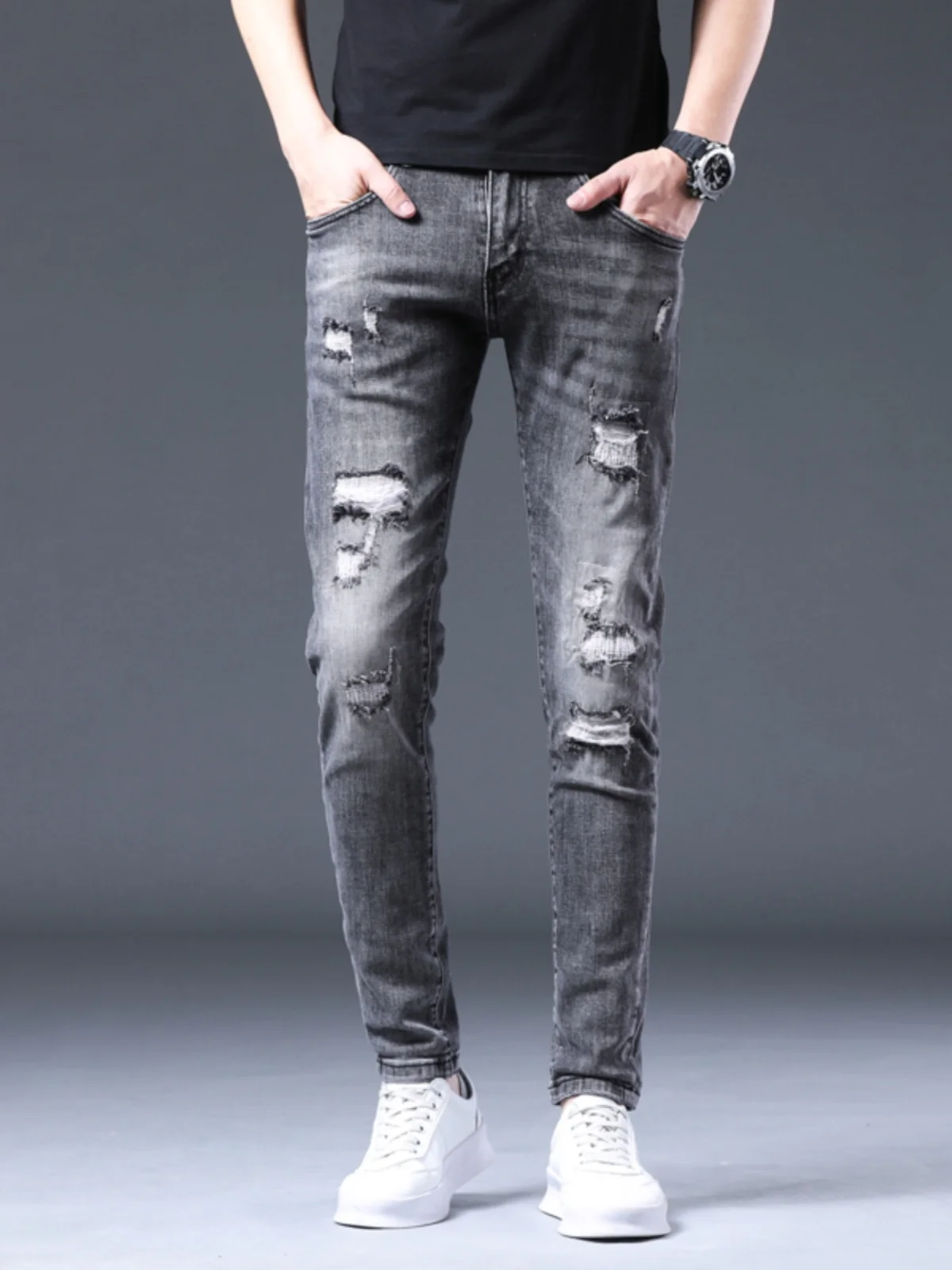 

Spring Autumn Men's Slim Fit Jeans High End Ripped Casual Long Pants Korean Sle Versatile Comfortable Cotton Stretch Denim