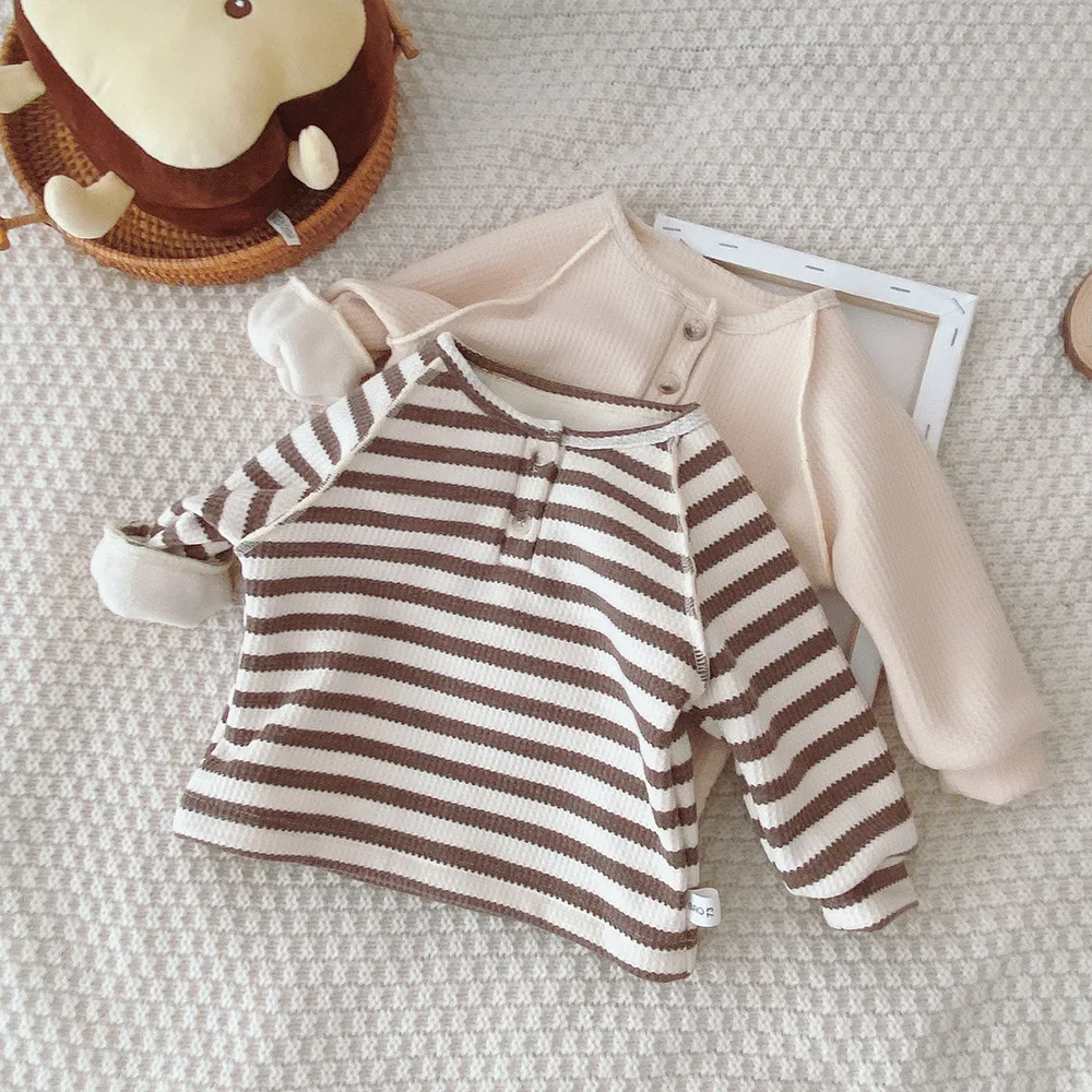 

T-shirt Top Base Coat Pullover Bottom Shirts Korean Version Baby Autumn Winter Clothing Baby Plus Velvet Spring Striped Warm